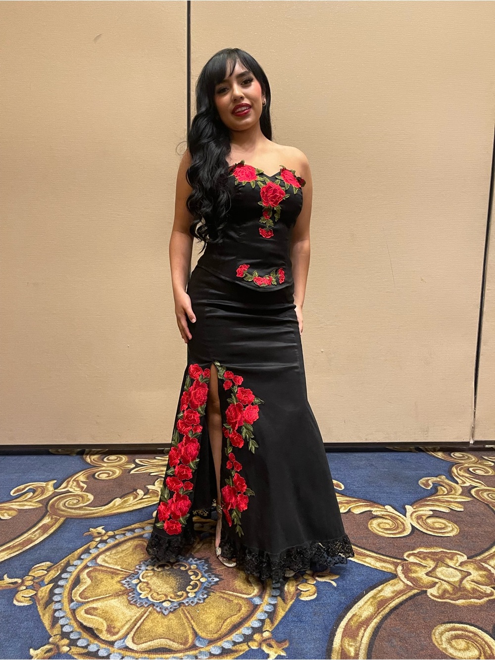 Strapless Black Evening Gown with Red Rose Embroidery